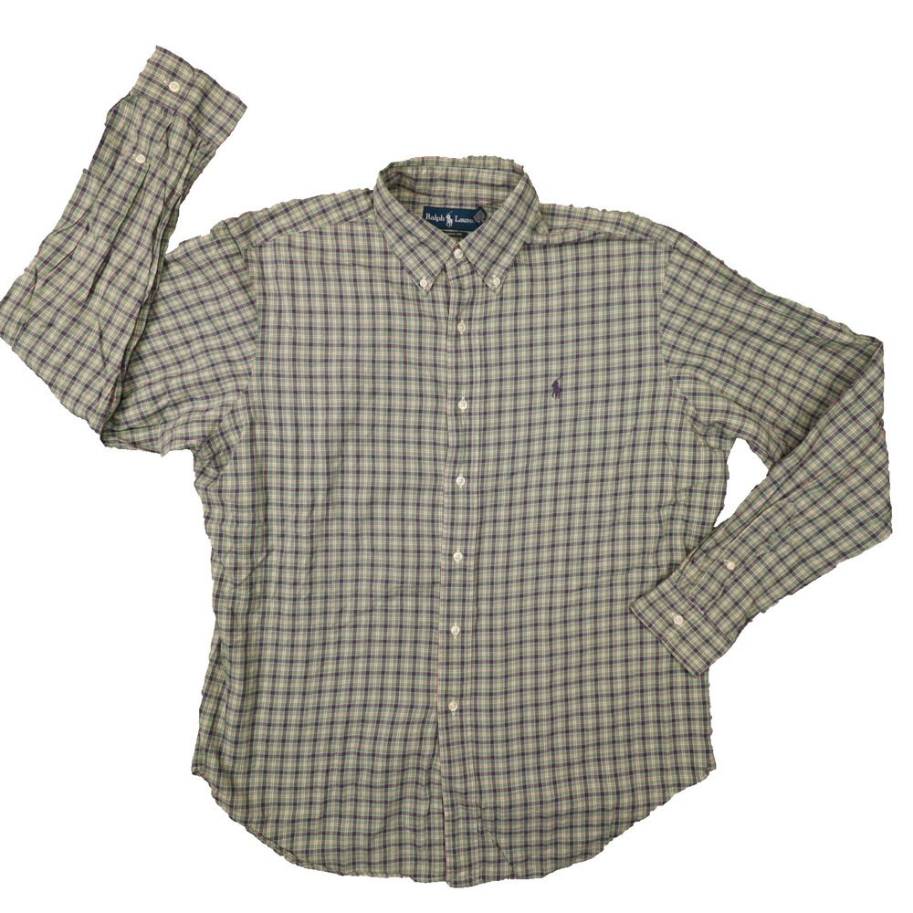 Ralph Lauren Vintage Classic Fit Green Plaid Button Up Shirt Men's size Large